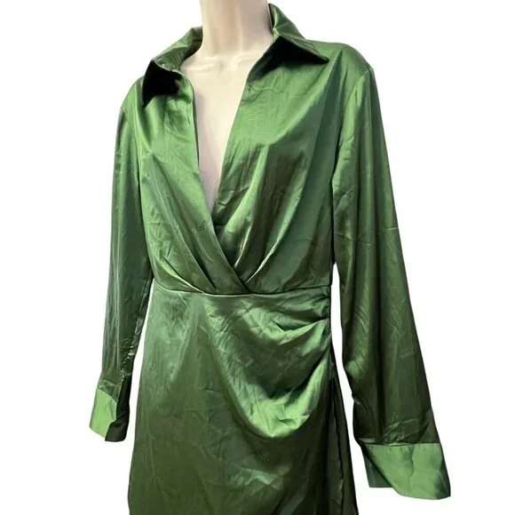 Cider Satin Faux Wrap Mini Dress Short Size‎ S Green L/S V-Neck Ruched Party NWT - Picture 14 of 16